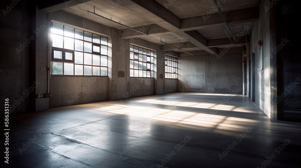 Interior Concrete Industrial Office Space with Sunlight Flowing Through Large Windows, Moody Empty Modern Loft Style Concrete Workspace - Generative AI