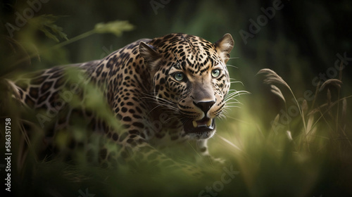 Sneaking Predator  Leopard Hunting in the Grass  Generative AI 