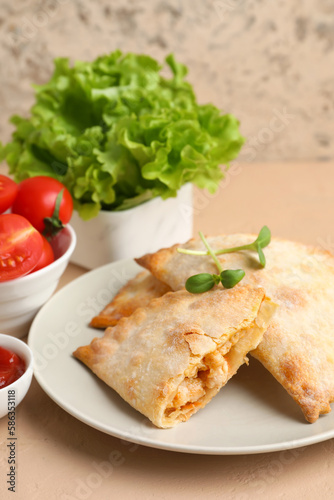 Plate with baked meat empanadas, tomatoes and lettuce on color table, closeup