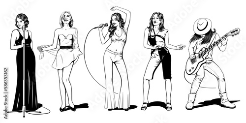 Collection of music women on a stage. Jazz singer, Party girl, Pop singer, Disco dancer, Rock guitarist. Vector ink style outline drawings. Ground shadows are the separate objects.