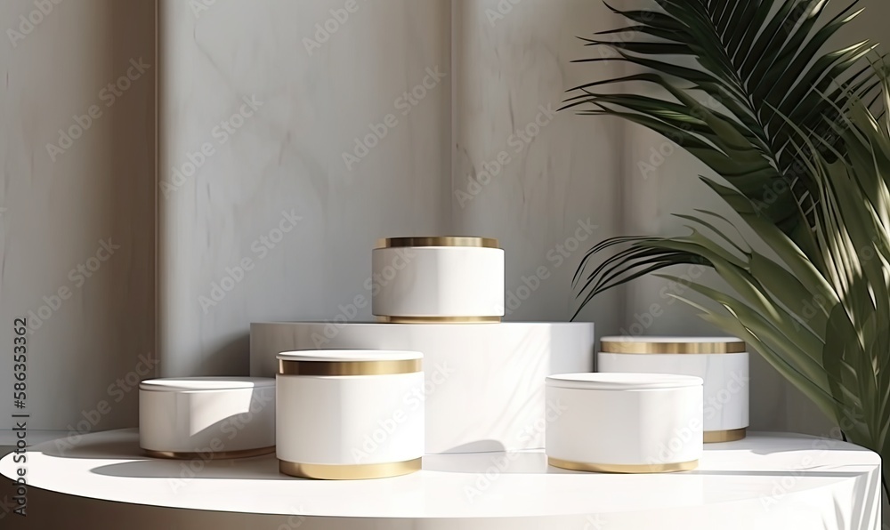 Minimal round cylinder white podium on glossy counter table in dappled sunlight and palm leaf shadow on wall background, generative AI Minimal round cylinder white podium on glossy counter table in dappled sunlight and palm leaf shadow on wall background, generative AI