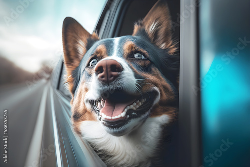 Dog looking out of a car window, ai generative illustration © Cla78