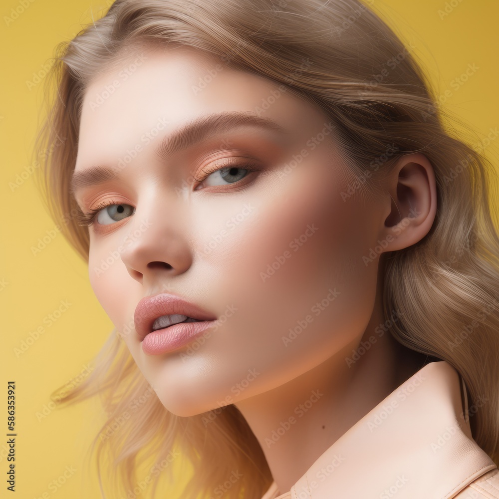 Obraz premium Serious beautiful blond female model looking at the camera on yellow background. Generative AI