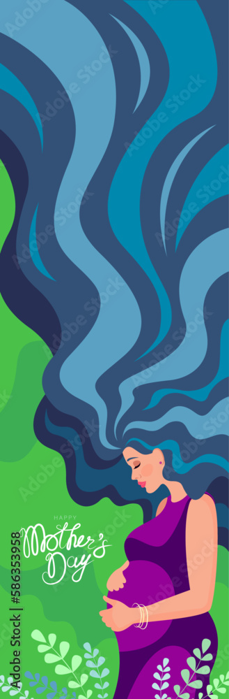 Pregnant girl with blue hair hugs her belly. Vertical banner with a stylized pregnant woman. Mothers Day. Happy motherhood