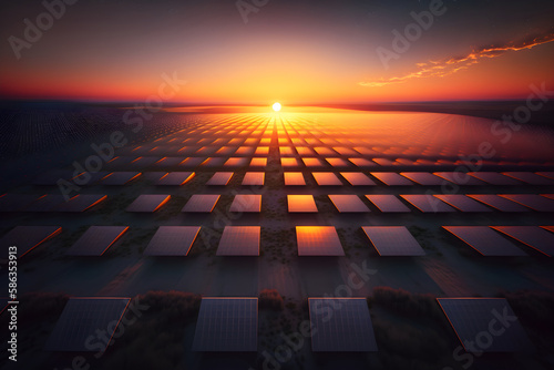 Sunset over a field of solar panels. Generative AI illustration