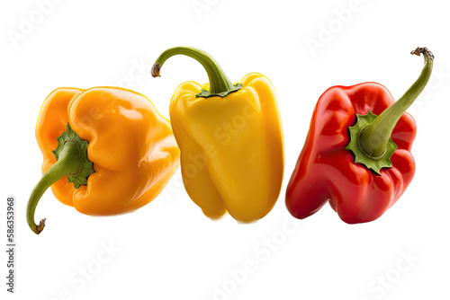 a food-themed photographic illustration of isolated yellow, green, and orange serrano, poblano peppers set on a transparent background in PNG. Generative AI