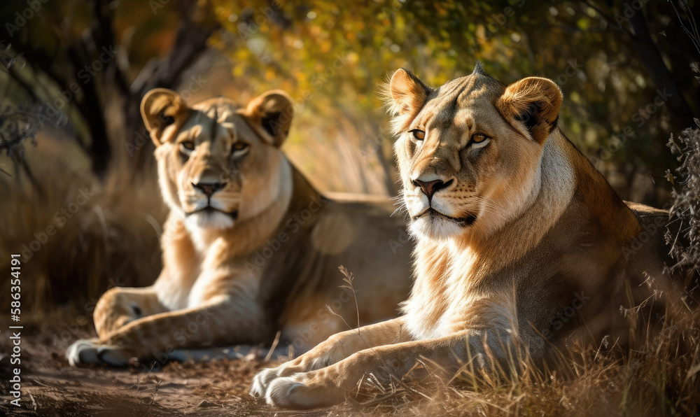 Beautiful lions are resting pride among the grass and trees, generative AI