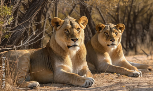 Beautiful lions are resting pride among the grass and trees  generative AI