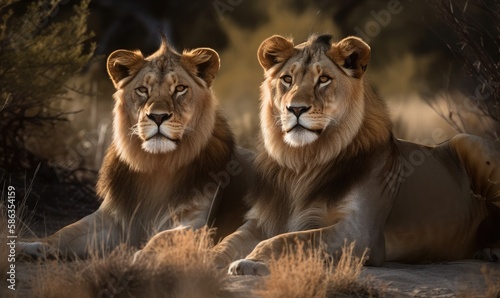 Beautiful lions are resting pride among the grass and trees  generative AI