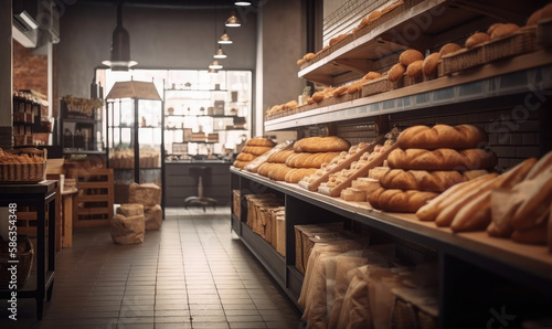 Bakery store with wooden wall, parquet floor, variety of bread, bun, generative AI