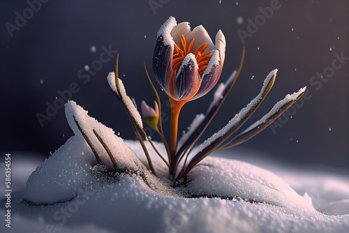 flower growing through the snow, blurred background, symbolizes hope made with Generative AI