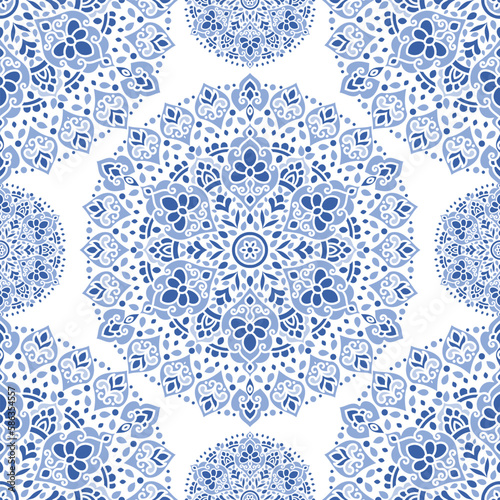 Blue and white Turkish seamless pattern with luxury floral ornament. Traditional Arabic  Indian motifs. Great for fabric and textile  wallpaper  packaging or any desired idea.