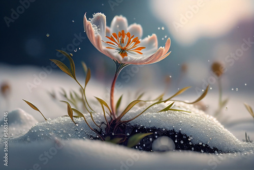 flower growing through the snow  blurred background  symbolizes hope made with Generative AI