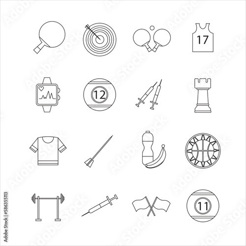 Collection of icons with different sports and healthy eating in outline design