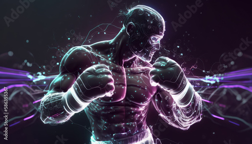 Boxer in the rack neon stylization. AI generative illustration.