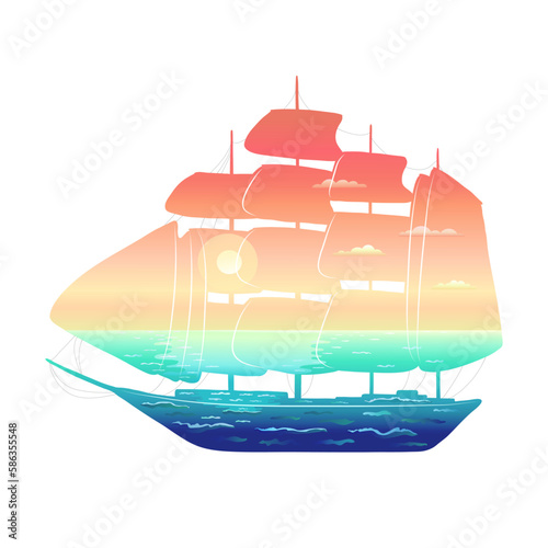 The silhouette of a ship with a seascape of the sea, sky, sunset, sun and waves on a square isolated white background. Stickers and individual items. Vector illustration.