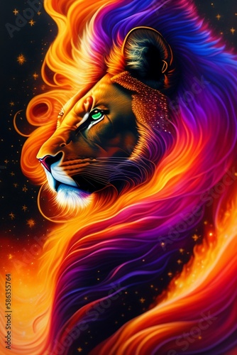 dreamy mixed media artwork, Hyperwave cover art, fire lion facing front, 