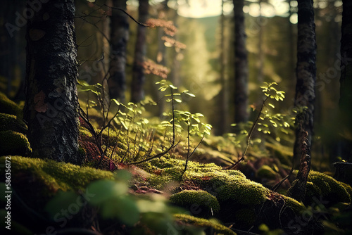 scandinavian forest with many trees  lots of green moss made with Generative AI