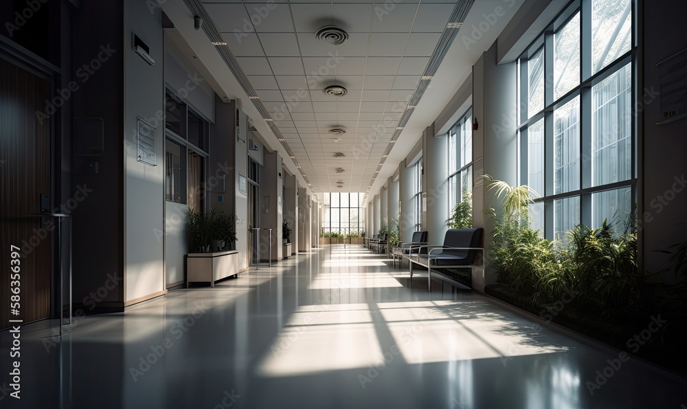 Hall interior in modern building or hospital filled with light, generative AI
