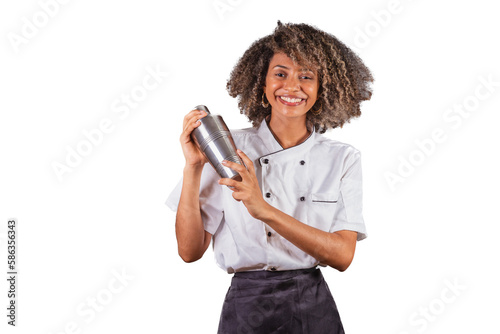 Young black Brazilian woman, cook, masterchef, wearing restaurant uniform. holding cocktail shaker for preparing drinks.