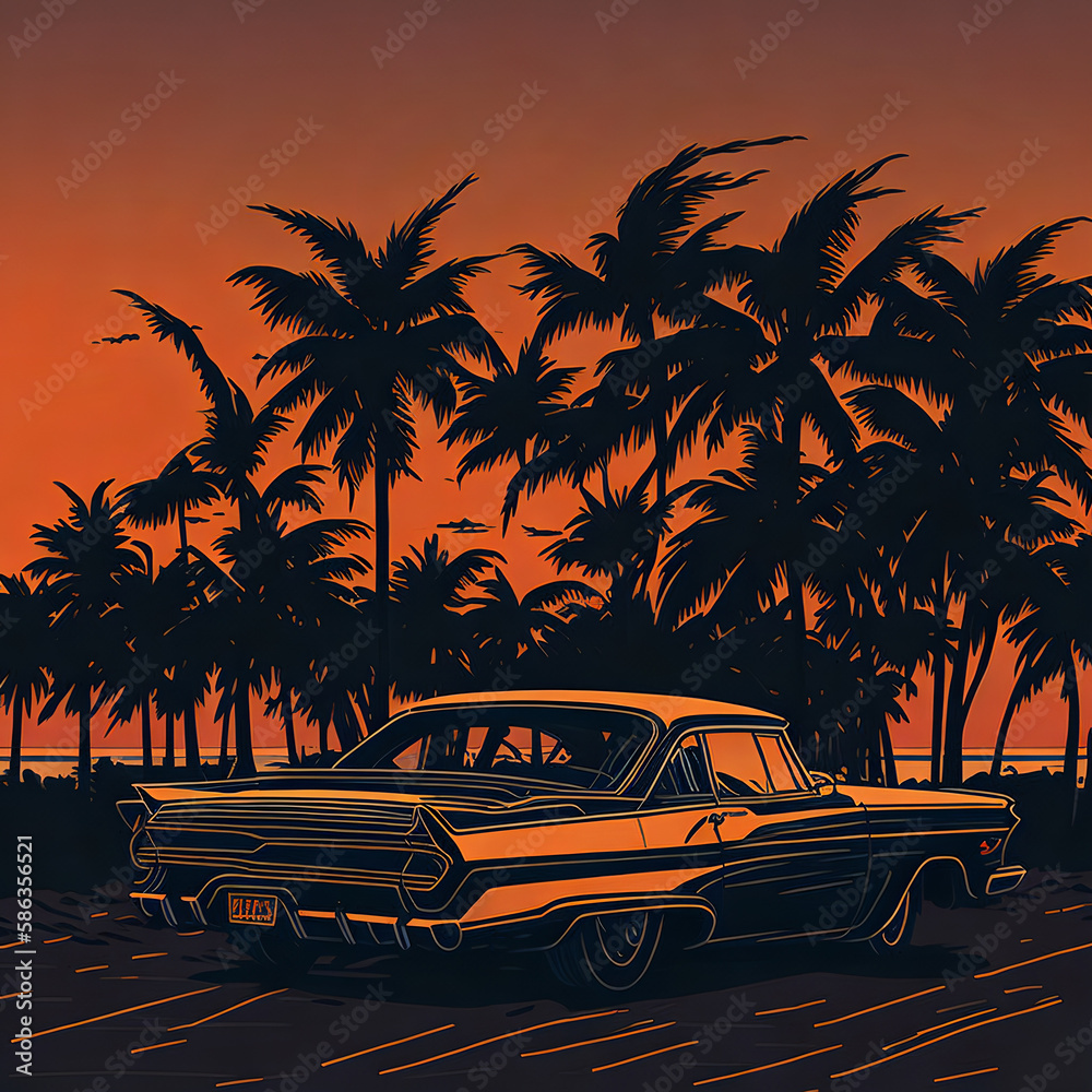 Retro car on sunset beach Ai generated digital art retrowave
