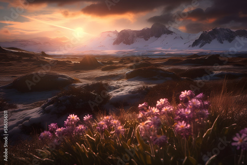 Snow covered mountains and flowers in foreground in dramatic light  Generative AI