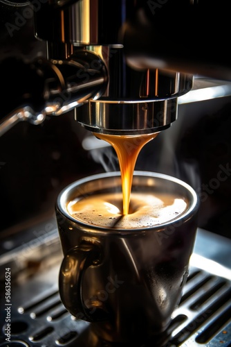 close up espresso, poured out of an espresso machine, macro picture