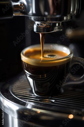 close up espresso  poured out of an espresso machine  macro picture