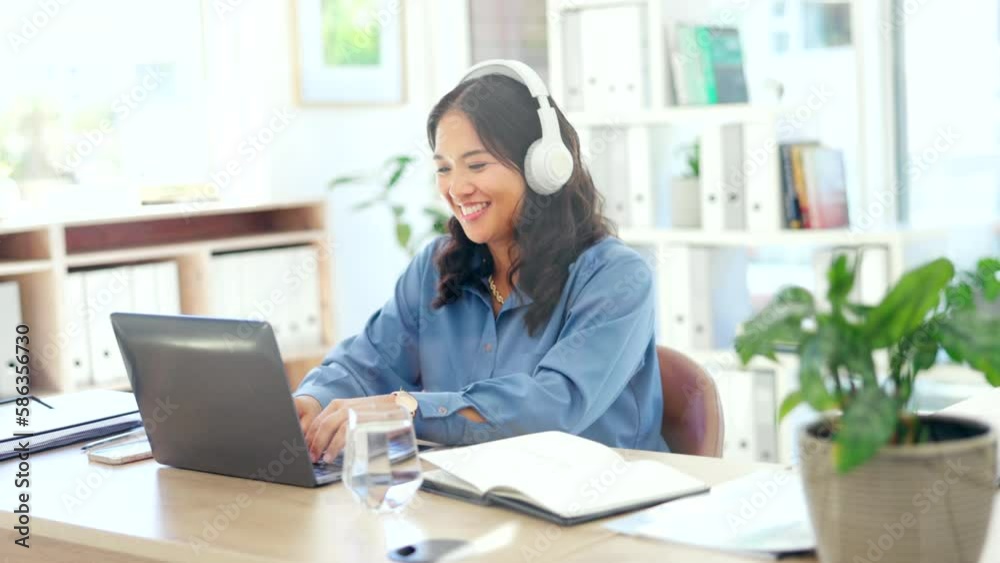 Woman dance to music on headphones, laptop and office chair for mental health, career wellness or excited energy. Happy, business or asian person listening or dancing to audio on Philippines computer Woman dance to music on headphones, laptop and office chair for mental health, career wellness or excited energy. Happy, business or asian person listening or dancing to audio on Philippines computer