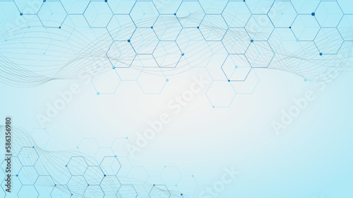 Hexagonal with particles and wave flow for health care and medical pattern on gradient background.