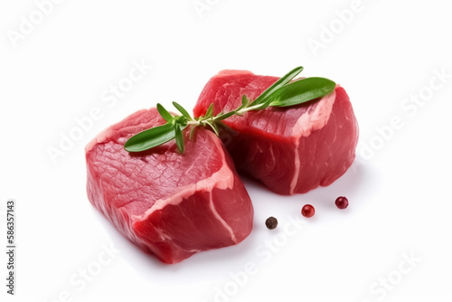 Pieces of raw roast beef meat with ingredients isolated on white background. generative ai