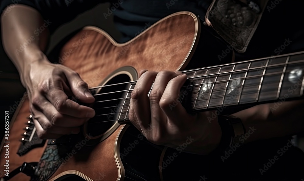 Fototapeta premium Man's hands play guitar Band, generative AI