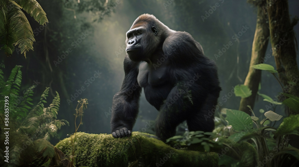 Impressive Forest Guardian: Gorilla Among the Jungle Foliage (Generative AI)