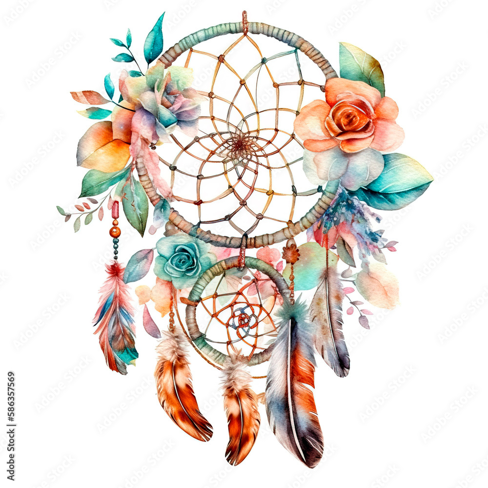 Watercolor decoration bohemian dream catcher, boho feathers decoration, native dream chic design, Generative AI