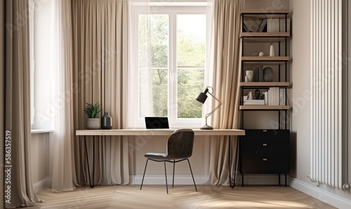 Minimal built in beige working desk with computer, shelf, black steel chair, blank cream wall, generative AI