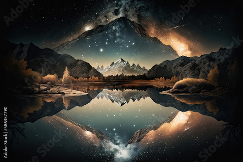 beautiful abstract background image, mountainous landscape reflected in a lake, beautiful starry sky with brilliant panorama created with Generative AI technology