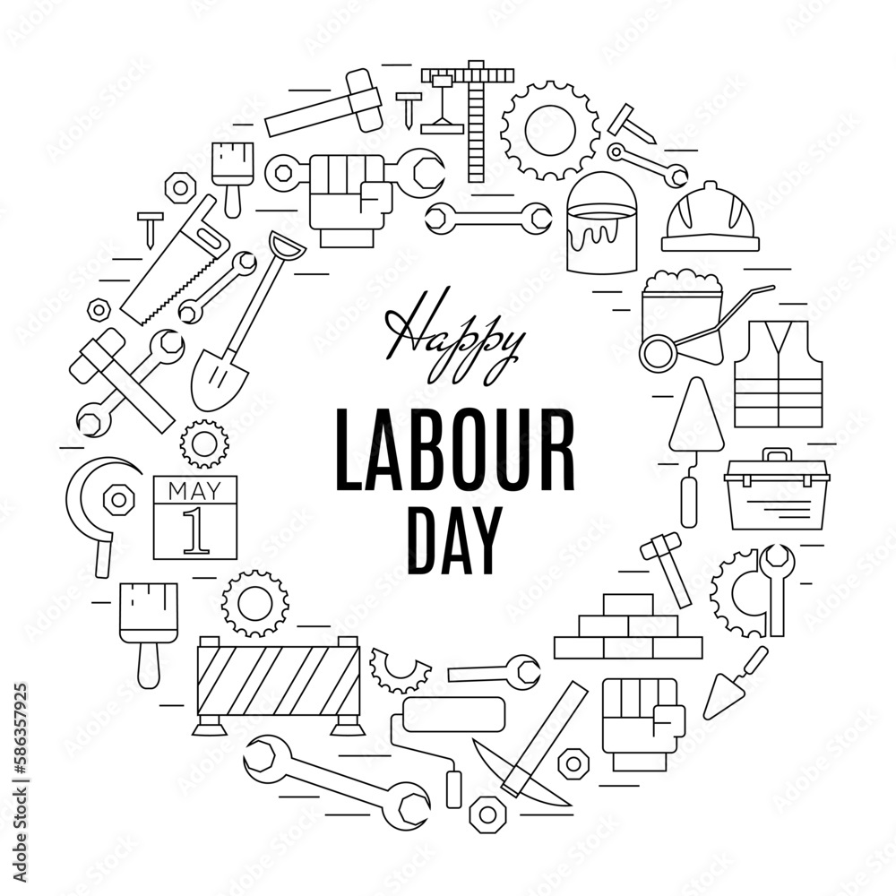 International Labour Day icons set in round shape. 1st May Worker s Day poster.