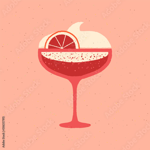 Margarita drink glass. Alcohol with foam and grapefruit. Pina colada with citrus. Bubble drink for wedding and celebration. Flat vector illustration with texture. Minimalist drink poster