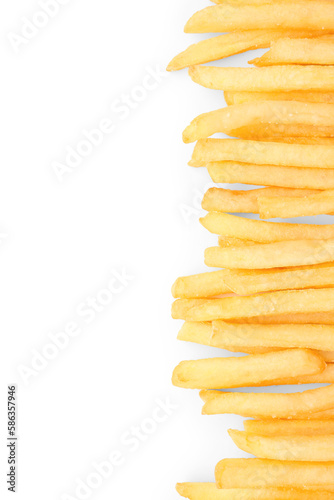 Tasty french fries on white...