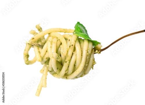 Fork with tasty pesto pasta on white background