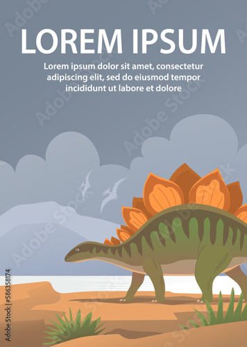 Large stegosaurus lizard. Herbivorous dinosaur of the Jurassic period. Prehistoric wildlife landscape. Poster design. Cartoon vector illustration