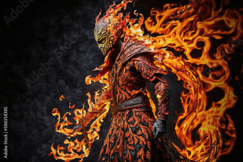 man dressed as flame magician, he is surrounded by fire, wears a mask created with Generative AI technology