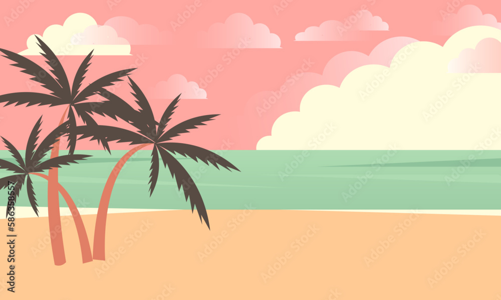 Tropical summer beach with palms and pink sky. Seaside landscape, tropical beach relax or seaside landscape.