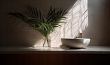 Modern white marble stone bathroom vanity and space, green tropical bamboo palm tree in sunlight, generative AI