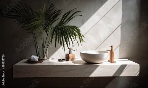 Modern white marble stone bathroom vanity and space  green tropical bamboo palm tree in sunlight  generative AI
