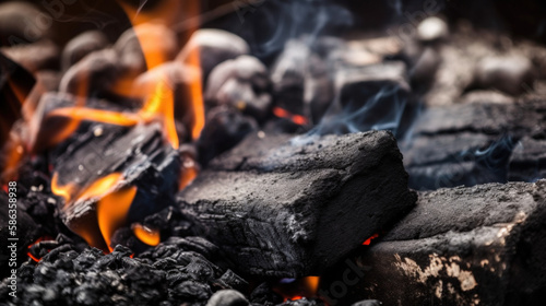 Charcoal For Barbecue, Background With Flames