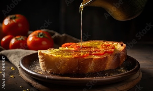 Olive oil is poured on bread, on top of which grated tomato is spread, Spanish traditional breakfast food, generative AI photo
