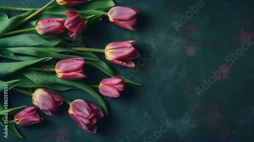 Mother s Day Tulips on Vibrant Green Textured Background with Copy Space  Generative AI
