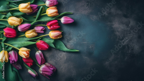 Mother's Day Tulips on Vibrant Green Textured Background with Copy Space, Generative AI #586359359