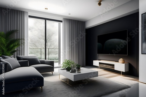  A Modern Living Room with a Big TV Screen. Generative AI. 